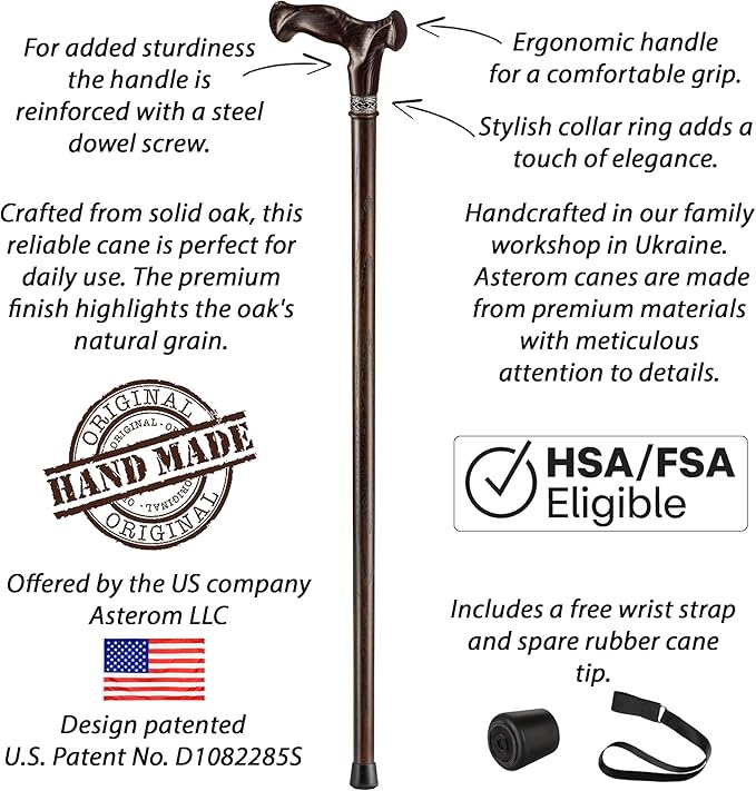Asterom Handcrafted Canes for Men - Ergonomic, Stylish, Wooden Walking Cane for Men, Cool Walking Sticks for Seniors