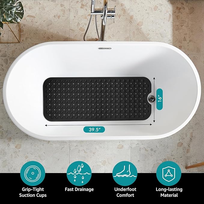 WarmSnow Long Bathtub Mat Non Slip 39.5 x 16 Inch, Inside Shower Mats with Suction Cups & Drain Holes, Soft TPE Bath Mat for Tub, Quick-Drain Bathroom Floor Mats, Black
