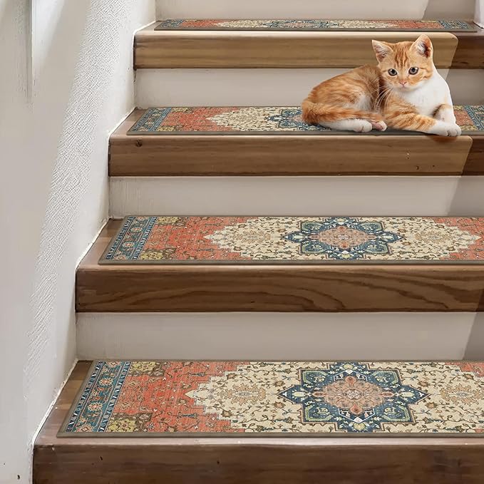 sarben Non Slip Stair Treads for Wooden Steps 15PCS - 8"x30" Indoor Safety Carpet, Edging Mats with TPE Adhesive Backing, Pet and Elderly Friendly Stair Rugs (Red)
