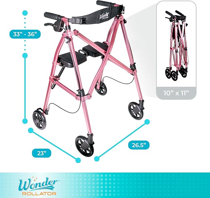 Stander Space Saver Rollator, Lightweight Folding Rolling Walker with Seat for Seniors & Adults, 4-Wheel Mobility Aid with 6-inch Wheels, Locking Brakes & Padded Seat with Backrest, Regal Rose