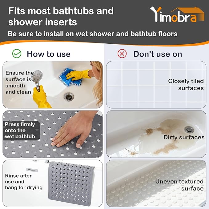 Yimobra Bathtub Mat Non Slip, 27.5"x15.5" Machine Washable Shower Floor Mat, Soft on Feet, Bathmat with Drain Holes and Suction Cups, Bathroom Essentials, Grey