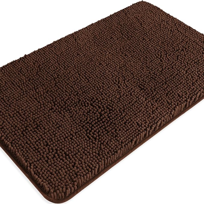 Brown Bathroom Rugs – Absorbent and Washable Bath Mat, Non-Slip, Thick Soft Chenille Bath Rugs for Bathroom Floor, Shower, Sink - 20" x 32"