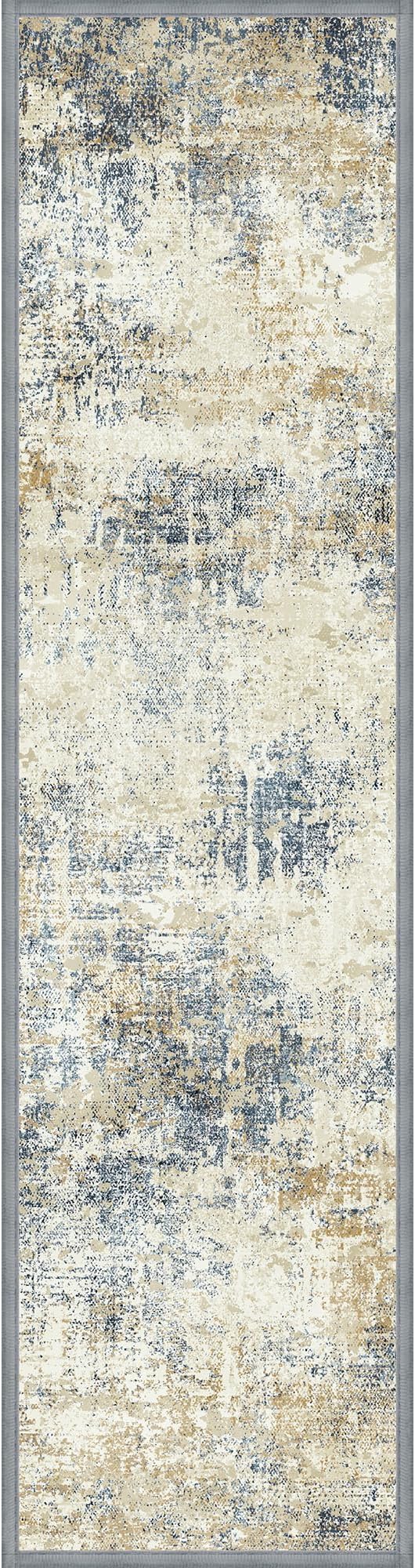 sarben Carpet Stair Treads Non Slip 15PCS, 8" X 30" Edging Stair Runner for Wooden Steps Indoor, Resistant Stair Rugs with Reusable TPE Adhesive Backing, Residue Mat for Elders, Pets, Ivory/Denim