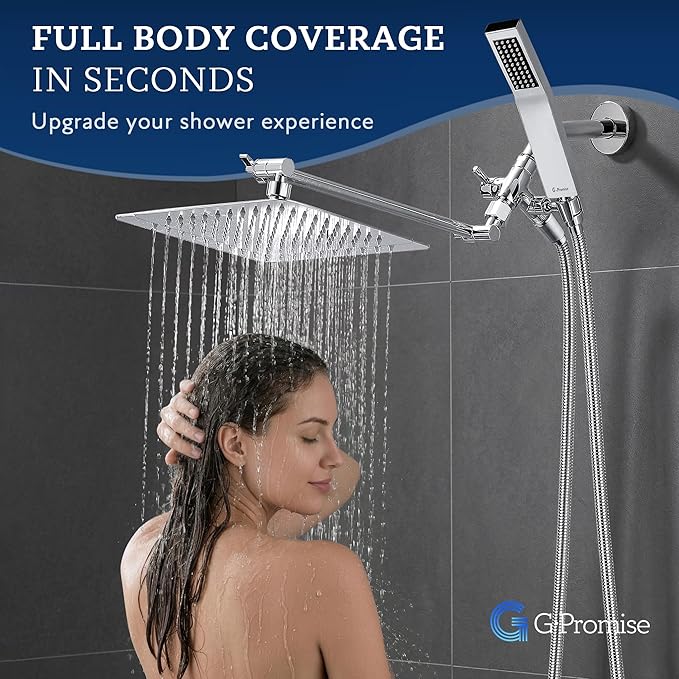 G-Promise All Metal 10" Dual Square Shower Head Combo | Rain Shower Head | Handheld Shower Wand | Adjustable | Smooth 3-Way Diverter | 71" Extra Long Hose - A Bathroom Upgrade (Chrome)