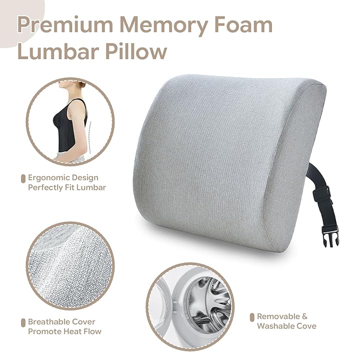 Back Support Pillow for Recliner Support Pillow with Gel Memory Foam Ergonomic Orthopedic Couch Lumbar Cushions for Elderly Lower Back Pain Relief Washable Cover, Grey