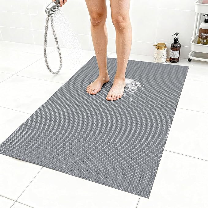 Extra Large Non-Slip Shower Mat, Fast-Dry PVC Bath Stall & Tub Mat, Drain-Hole Design,for Shower Stall Tub for Elderly/Kids，Non Slip Bathroom Safety Accessory，Gray 32"x47"
