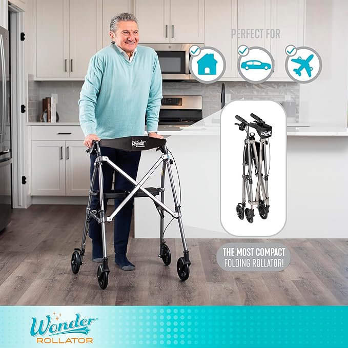 Stander Space Saver Rollator, Lightweight Folding Rolling Walker with Seat for Seniors & Adults, 4-Wheel Mobility Aid with 6-inch Wheels, Locking Brakes & Padded Seat with Backrest, Regal Rose