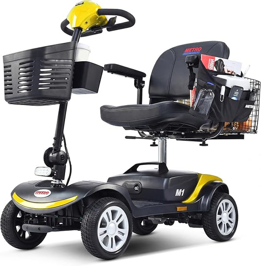 Metro Mobility 4 Wheel Electric Folding Mobility Scooters for Seniors - 300 lbs Capacity Motorized Scooter for Adults, Travel - 300W Powerful Motor - Yellow