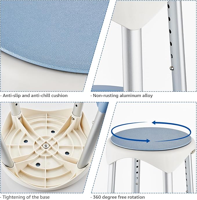 Shower Stool Chair for Inside Shower, Upgrade Small Corner Plastic Stool for Seniors Adult, 360° Swivel Shower Seat Stool for Bathroom, 6-Level Adjustable Height Bath Chair with Shelf