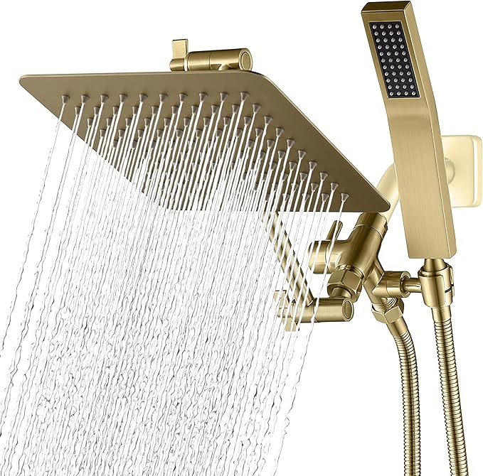 G-Promise All Metal 8-Inch Dual Square Shower Head Combo, Rain Shower Head, Handheld Shower Wand with 71-Inch Extra Long Hose, 3-Way Diverter, Adjustable Extension Arm, Brushed Gold