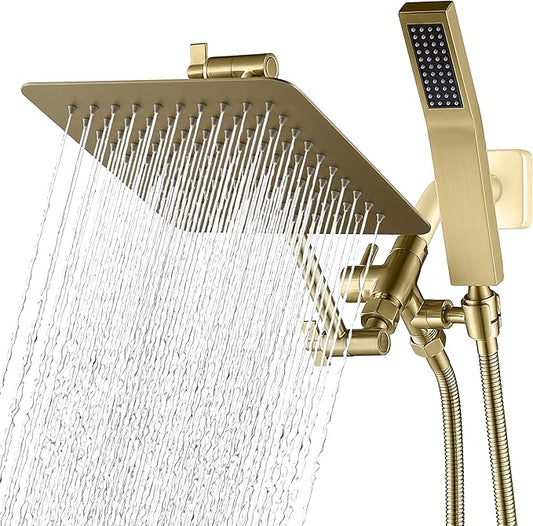 G-Promise All Metal 8-Inch Dual Square Shower Head Combo, Rain Shower Head, Handheld Shower Wand with 71-Inch Extra Long Hose, 3-Way Diverter, Adjustable Extension Arm, Brushed Gold