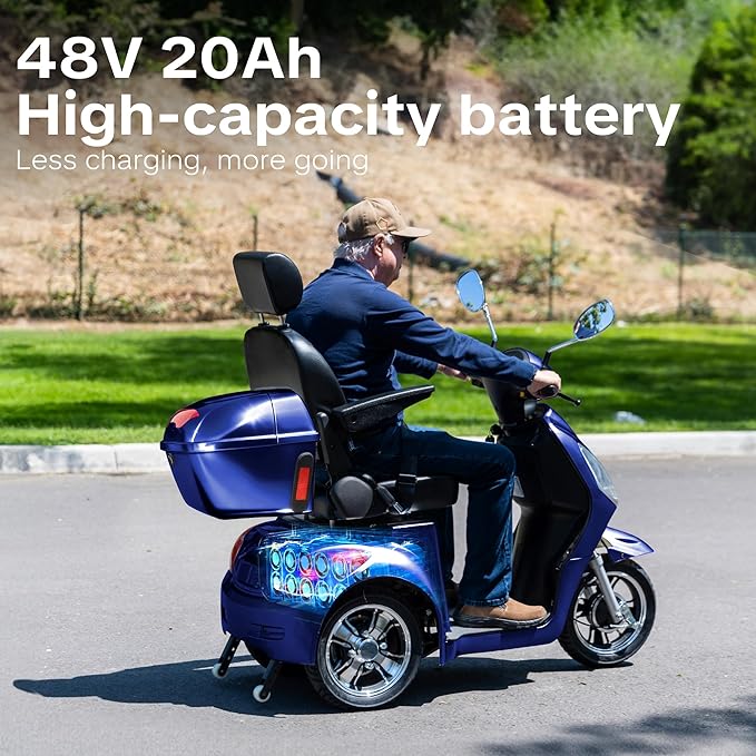 Super Large Electric 4 Wheel Mobility Scooters, Heavy Duty 800W Wheelchair Device, 25 Miles Long Range, All Terrain Mobility Scooter，Speed Adjust, Remote Key,Receive Ready to Ride (3 Wheel -Blue)
