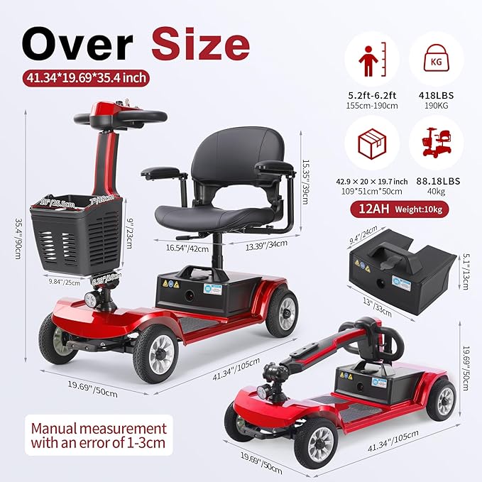 4 Wheel Mobility Scooter for Seniors & Adults Easy to Use Operate and Foldable ,Heavy Duty 418 LBS, 12.4 Mile Range, Tight Turning Radius