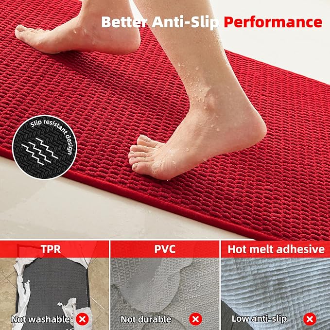 TYUU Christmas Bathroom Rugs Non Slip Washable, Super Absorbent Thin Bath Mat Quick Dry Low Pile Bathroom Rug, Red 24"x36"