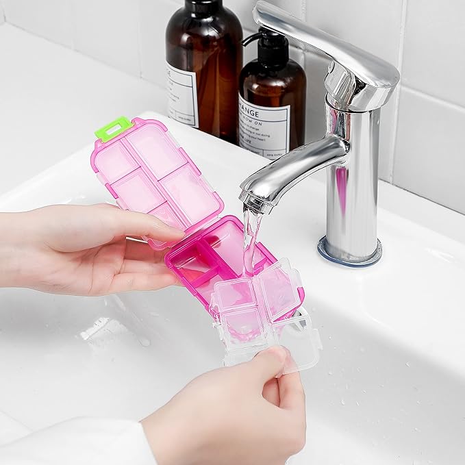 4PS Travel Pill Organizer with 164 Slice Labels，10 Compartments Travel Pill Box Portable Folding Small Pill Case Daily Pill Container Used for Carry Storage Medicine Organizer By M MUchengbao (Pink)