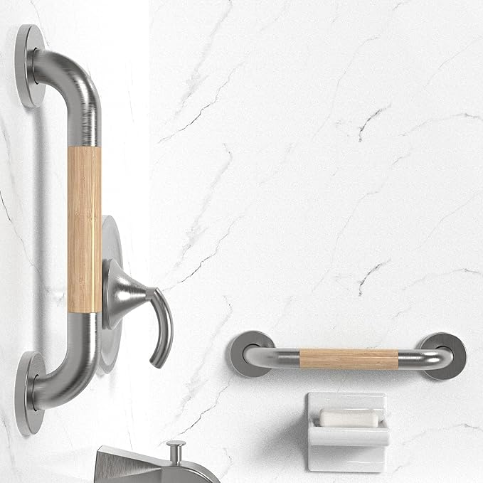 Safety Grab Bar for Bathroom & Toilet, Natural Bamboo Handle, ADA Compliant Balance Assist Handrail for Handicap and Seniors, 12in Brushed Nickel