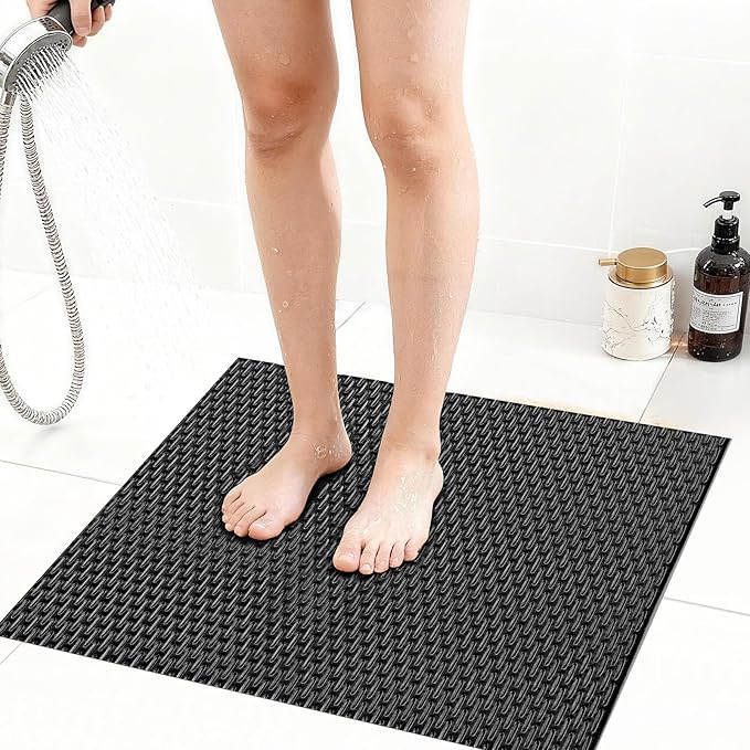 Extra Large Non-Slip Shower Mat, Fast-Dry PVC Bath Stall & Tub Mat, Drain-Hole Design,for Shower Stall Tub for Elderly/Kids，Non Slip Bathroom Safety Accessory，Black 27"x27"