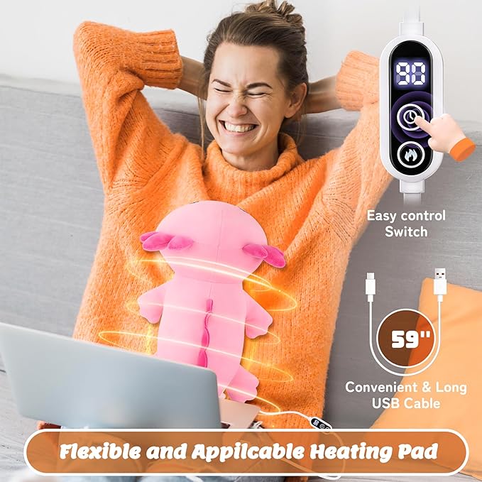 Electric Heating Pad for Period Cramps, 14'' Cuddly Pink Axolotl Plush with a Hot Soft Belly USB Powered, Menstrual Heating Pad Neck Shoulder Pain Relief, Gift for Daughter Wife Period Heating Pad