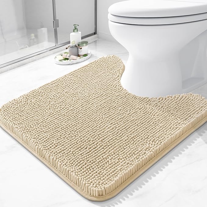 Arotive Bathroom Toilet Rugs U Shaped 20x20, Extra Soft Absorbent Shaggy Chenille Contour Bath Rugs for Toilet, Machine Washable Non-Slip Contoured Bath Mats, Beige