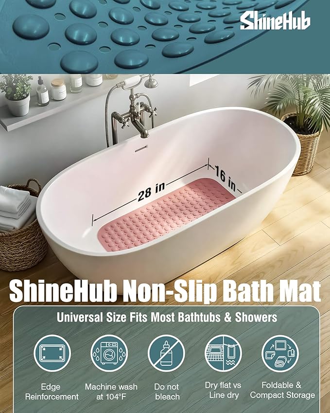 7mm Extra Thick TPE Bath Mat, Non-Slip Shower Mat for Bathroom and Tub, 28x16 Inch with Drainage Holes and Stability Grip, Machine Washable, Dusty Blossom Pink