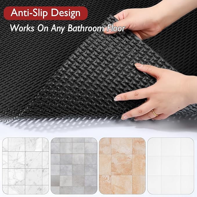 Extra Large Non-Slip Shower Mat, Fast-Dry PVC Bath Stall & Tub Mat, Drain-Hole Design,for Shower Stall Tub for Elderly/Kids，Non Slip Bathroom Safety Accessory，Black 16"x24"