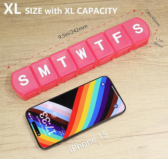 XL Weekly Pill Organizer 7 Day, MOLN HYMY Extra Large 1 Week Pill Dispenser Case, Daily Medicine Organizer to Hold Medication, Vitamins, Fish Oils and Supplement (Pink