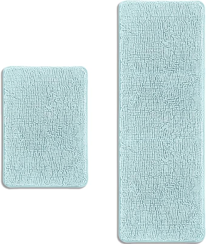Aqua Bathroom Rugs Sets 2 Piece – Absorbent and Washable Bath Mat, Non-Slip, Thick Soft Chenille Bath Rugs for Bathroom Floor, Sink(17" x 24"+17" x 47")