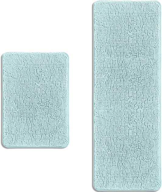 Aqua Bathroom Rugs Sets 2 Piece – Absorbent and Washable Bath Mat, Non-Slip, Thick Soft Chenille Bath Rugs for Bathroom Floor, Sink(17" x 24"+17" x 47")