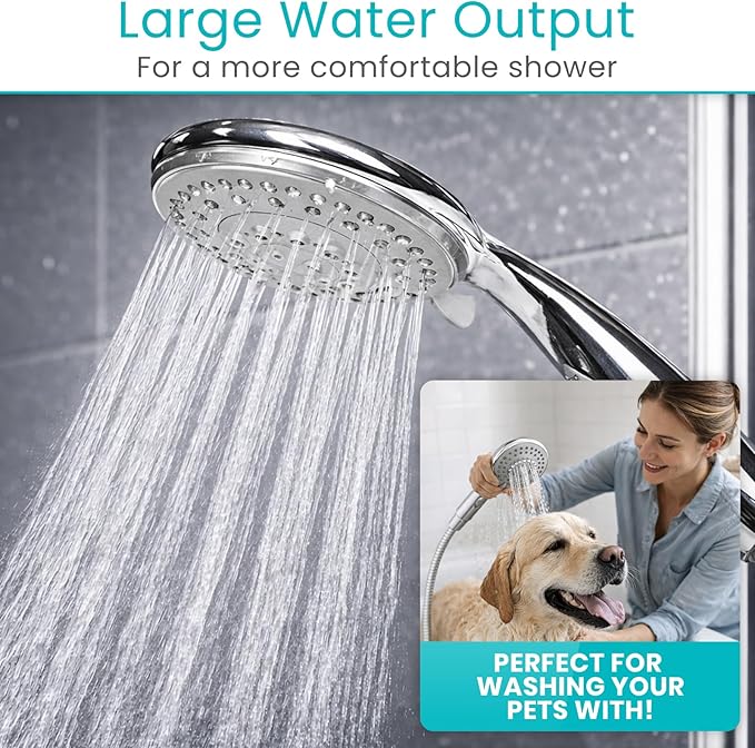 Vive High Pressure Handheld Shower Head - Hand Held Showerhead with 6.5 ft Extra Long Hose, Detachable Showerhead, Multi-Setting Spray Combo for Bathroom, Pet Bathing, Stainless Steel Hose, Chrome