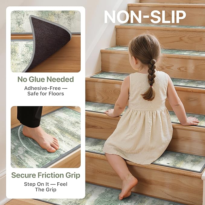 sarben Carpet Stair Treads Non Slip 15PCS, 8" X 30" Edging Stair Runner for Wooden Steps Indoor, Resistant Stair Rugs with Reusable TPE Adhesive Backing, Residue Mat for Elders, Pets, Moss/Ivory