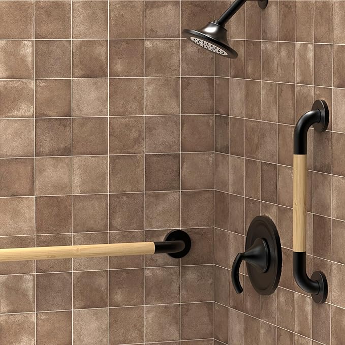 Safety Grab Bar for Bathroom & Toilet, Natural Bamboo Handle, ADA Compliant Balance Assist Handrail for Handicap and Seniors, 16in Matte Black