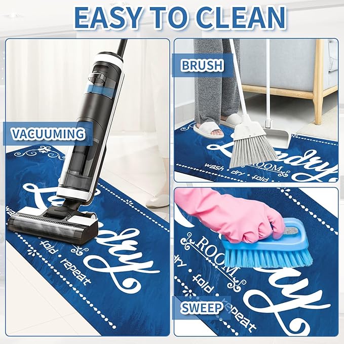XLHOMO Laundry Room Rug Runner Non Slip, 17.7"x45" Navy Blue Laundry Mat Farmhouse Washable, Laundry Rugs for Laundry Room Floor, Mudroom, Kitchen, Washroom, Bathroom, Hallway, Entryway Carpet Decor