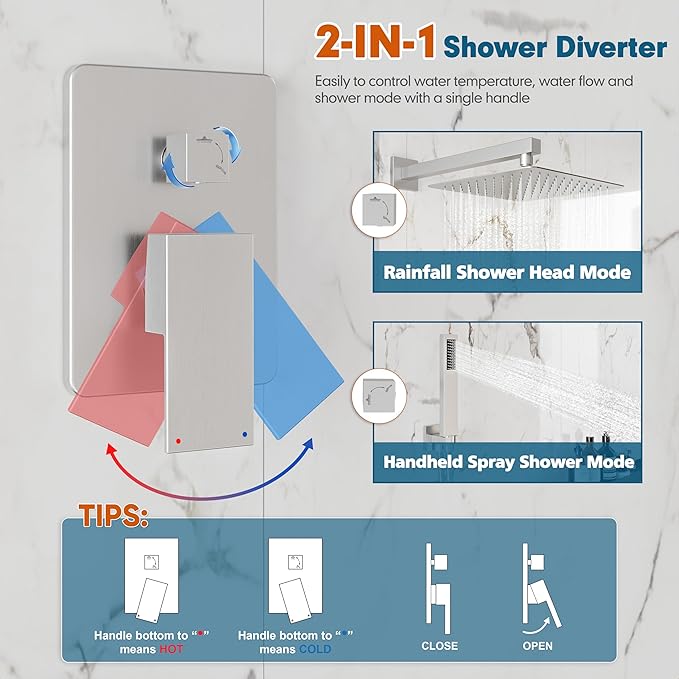 Kurpot Shower System, 10'' High Pressure Brushed Nickel Shower Head with Handheld Spray Combo, Included 59'' Shower Hose, Shower Trim Kit and 2-IN-1 Diverter, Bathroom Shower Faucet Set with Valve