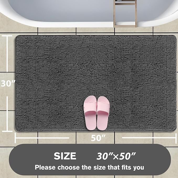 Bathroom Rugs 30 x 50 Inch – Extra Large Bath Mat | Absorbent and Washable Thick Chenille Bath Rugs Non-Slip Runner Rug for Bathroom, Shower, Tub(Gray)