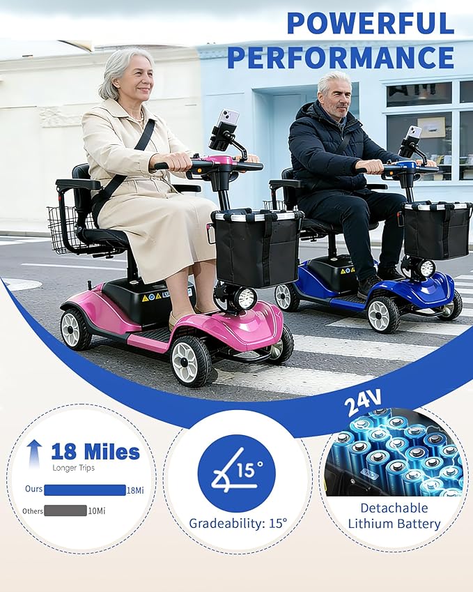 Mobility Scooter for Seniors/Adults, up to 300lbs Capacity, 4 Wheel Heavy Duty Mobility Scooters with 15 Miles 350W 5MPH，Front Basket, Adjustable Seat, LED Headlights