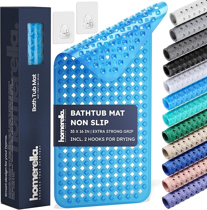 Bathtub Mat Non Slip 35x16 - homerella® Bath Mat Incl. Hooks for Drying, Extra Long, 100% BPA Free, Shower Mat Non Slip Anti Mold, Machine Washable, Shower Mats for Inside Shower Mildew Resistant