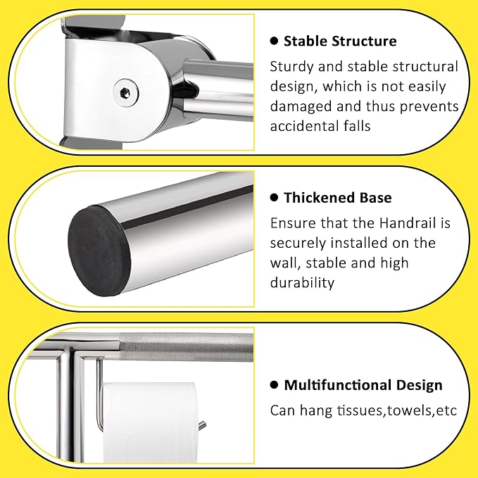 Handicap Grab Bar,23.6 Inch Stainless Steel 1.25" Diameter Toilet Safety Rails for Bathroom with Paper Holder, Anti-Slip Flip-Up Support Rail for Seniors Elderly