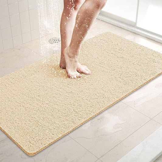 LuxStep Shower Mat Bathtub Mat,36x16 inch, Non-Slip Bath Mat with Drain, Quick Drying PVC Loofah Bathmat for Tub,Shower,Bathroom (Phthalate Free,Khaki)
