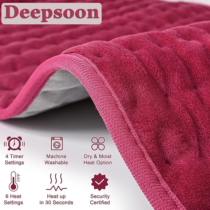 Deepsoon Heating Pad,Electric Heating Pads for Back,Neck,Moist Heating Pad for Abdomen Shoulder Knee Legs,Dry/Moist Heat&Auto Shut Off,Mother's Day Birthday for Men and Women,Burgundy,24x12 Inch