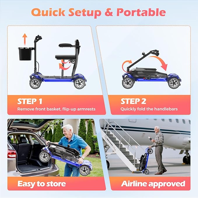 Lightweight Mobility Scooter for Adults & Seniors - Cruise & Airport Approved, 43lb Foldable Portable Motorized Scooters with Removable Lithium Battery for 12.4 Miles Travel, 300lb Capacity, Blue
