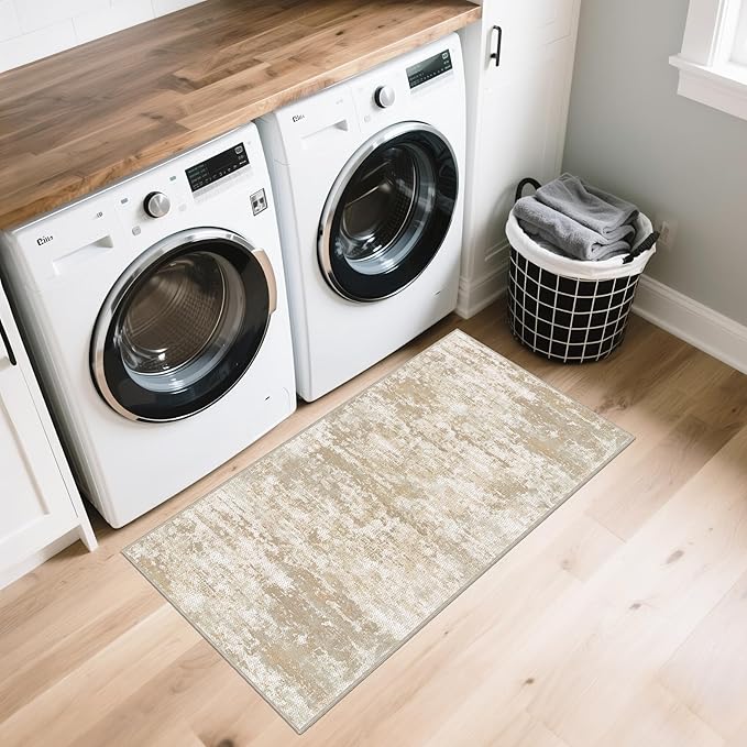 Runners for Hallways Ultra Non-Slip 2x4 Washable Kitchen Rug Abstract Tear and Stain Resistance No Pile Lightweight Runners for Entryway, Laundry Room, Bedside, Beige/Yellow