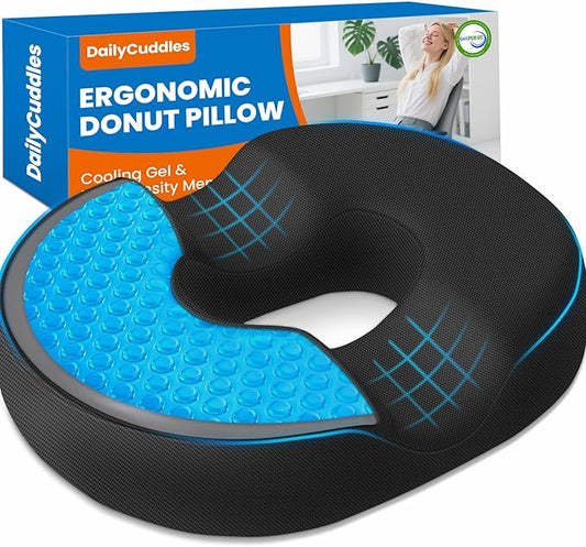 Donut Pillow for Tailbone Pain, Hemorrhoids - Cooling Gel Memory Foam Chair Seat Cushion for Office, Home & Wheelchair, Ergonomic Chair Pad for Pregnancy, Sciatica, Coccyx (XL, Black)
