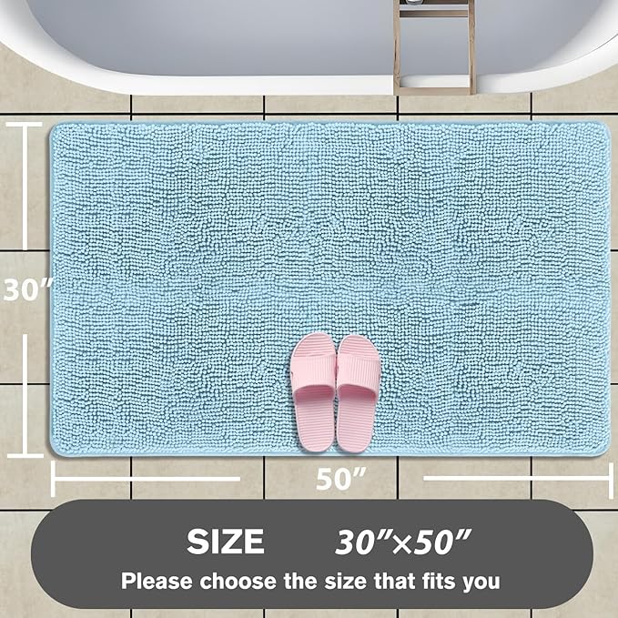 Bathroom Rugs 30 x 50 Inch – Extra Large Bath Mat | Absorbent and Washable Thick Chenille Bath Rugs Non-Slip Runner Rug for Bathroom, Shower, Tub(Light Blue)