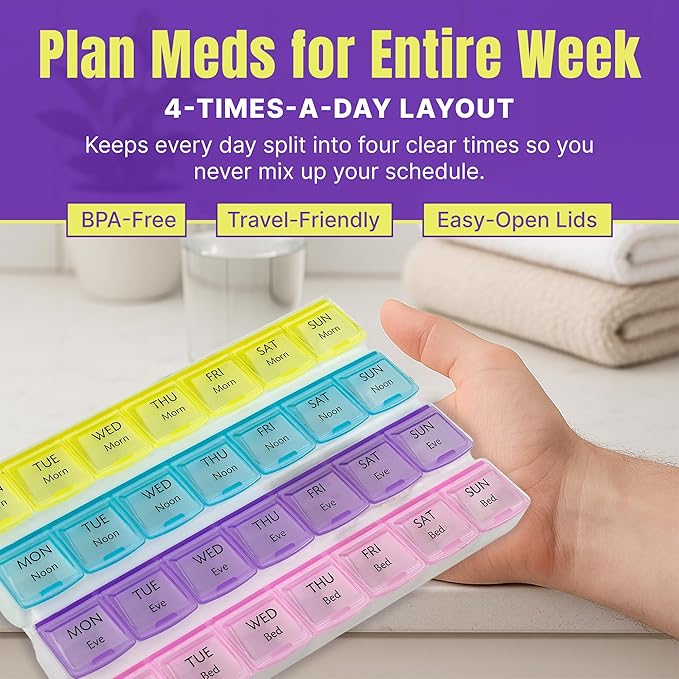 Weekly Pill Organizer - 4-Times-a-Day Pill Planner Pill Box Separates Pills & Vitamins with Daily Morning, Noon, Evening & Night Compartments, Travel Medication Reminder Monday to Sunday