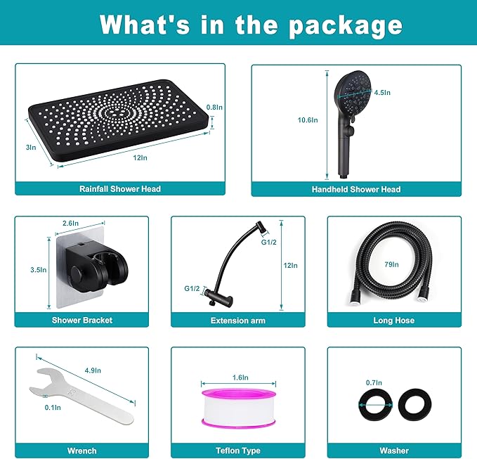 Rain Shower Heads with Handheld Spray Combo,12In Fixed Showerhead&8-Mode Handheld Shower Head with 79 Inches Extra-long Stainless Steel Hose (Black)