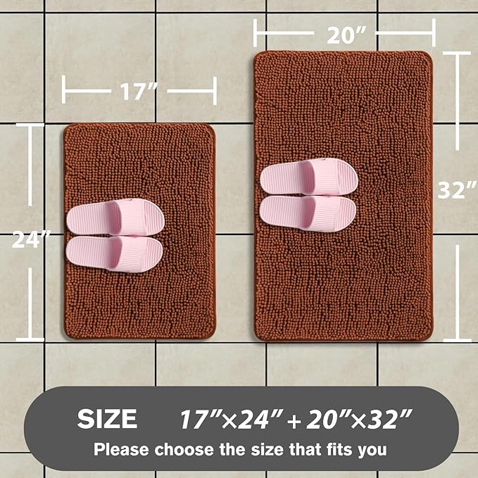 Rust Bathroom Rugs Sets 2 Piece – Absorbent and Washable Bath Mat, Non-Slip, Thick Soft Chenille Bath Rugs for Bathroom Floor, Shower, Sink - 17" x 24"+20" x 32"