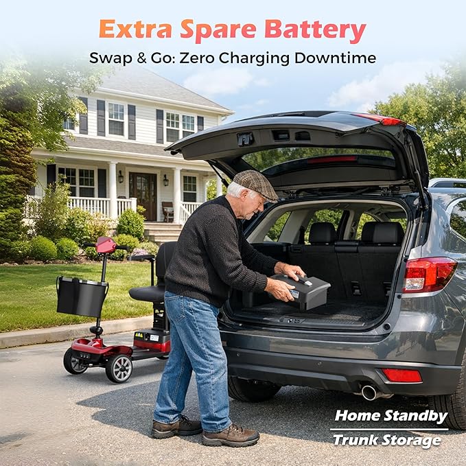 Mobility Scooter for Adults & Seniors with Removable Spare Battery - 24.8 Miles Total Range, Cruise & Airport Approved, Foldable Motorized Scooters with Dual Basket, Phone & Cup Holder, Red