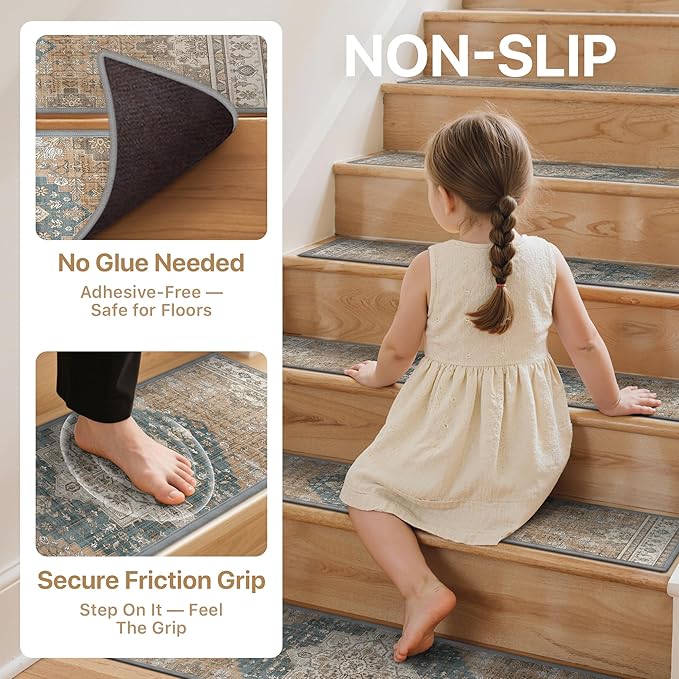Non Slip Stair Treads for Wooden Steps 15PCS - 8"x30" Indoor Safety Carpet, Edging Mats with TPE Adhesive Backing, Pet and Elderly Friendly Stair Rugs (Blue Brown)