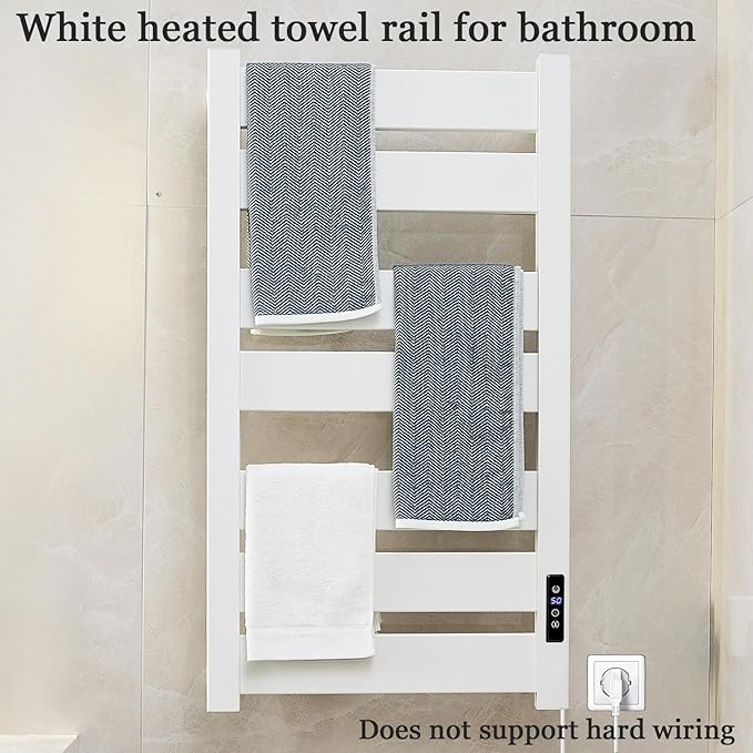 Towel Warmer Rack, Heated Towel Rack for Bathroom, Wall-Mounted Plug (Not Hardwired), Aluminum alloy/7 large area heating rods, With Timer and Temperature Adjustment, Overheat Protection Function
