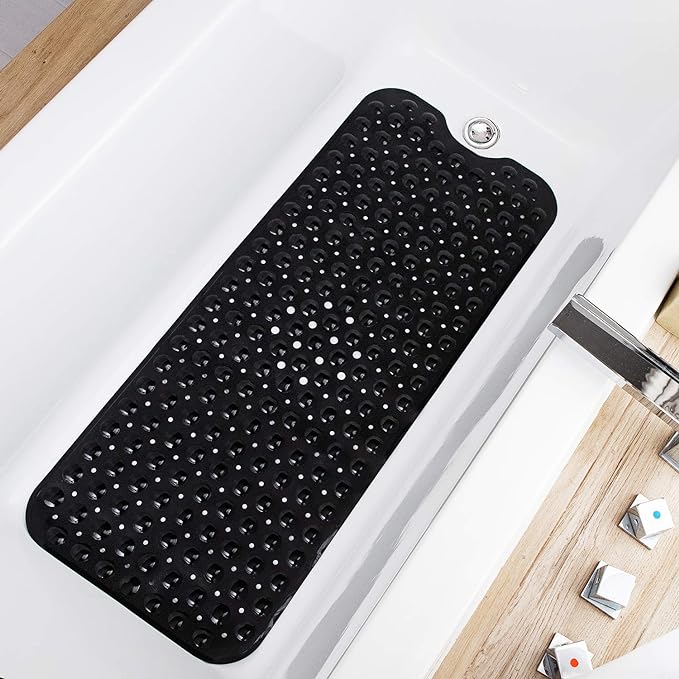 TEESHLY Bathtub Mats for Shower Tub, Extra Long Non-Slip 39 x 16 Inch Bath Mat with Drain Holes and Suction Cups, BathMat for Bathroom with Machine Washable (Opaque Black)